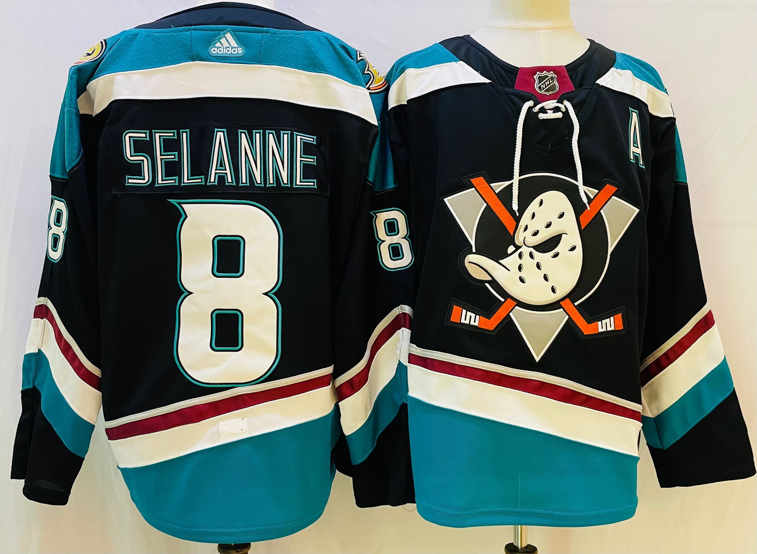 Men Anaheim Ducks 8 Selanne Black Throwback 2022 Adidas NHL Jersey